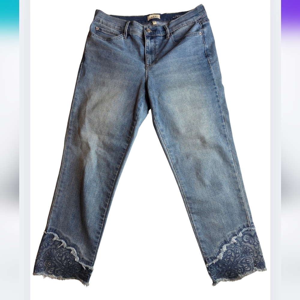 Nicole Miller Size 10 Mid Rise Tribeca Skinny Jean Lace Hem Crop Stretch 0681-af